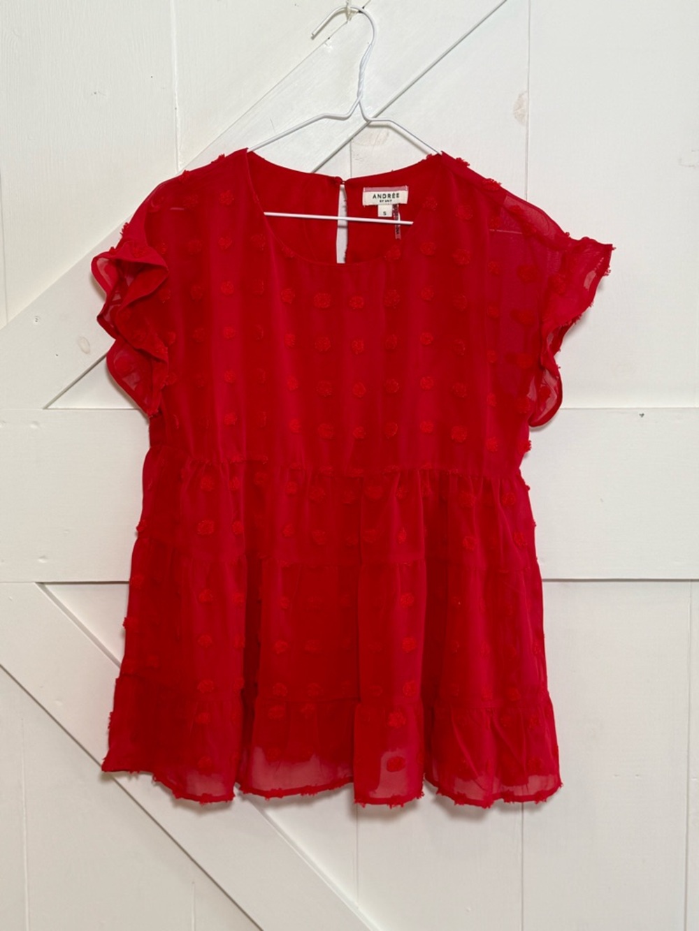 Andrée by Unit Red Swiss Dot Ruffle Peplum Blouse Small